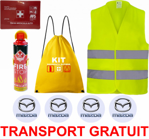 Set Kit siguranta auto cu saculet compact ce contine - Stingator spray 1kg, Trusa Medicala omolgata R.A.R, vesta reflectorizanta, stickere MAZDA , compatibil cu orice autoturism accesorii pentru autoturismul tau - masina v68232