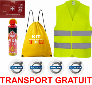 Set Kit siguranta auto cu saculet compact ce contine - Stingator spray 1kg, Trusa Medicala omolgata R.A.R, vesta reflectorizanta, stickere cadou VOLVO , compatibil cu orice autoturism accesorii pentru autoturismul tau - masina v68172