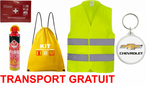 Set Kit siguranta auto cu saculet compact ce contine - Stingator spray 1kg, Trusa Medicala omolgata R.A.R, vesta reflectorizanta, Breloc cadou CHEVROLET , compatibil cu orice autoturism accesorii pentru autoturismul tau - masina v68152