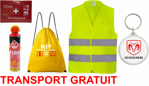 Set Kit siguranta auto cu saculet compact ce contine - Stingator spray 1kg, Trusa Medicala omolgata R.A.R, vesta reflectorizanta, Breloc cadou DODGE , compatibil cu orice autoturism accesorii pentru autoturismul tau - masina v68132