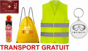 Set Kit siguranta auto cu saculet compact ce contine - Stingator spray 1kg, Trusa Medicala omolgata R.A.R, vesta reflectorizanta, Breloc cadou INFINITI , compatibil cu orice autoturism accesorii pentru autoturismul tau - masina v68112