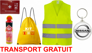 Set Kit siguranta auto cu saculet compact ce contine - Stingator spray 1kg, Trusa Medicala omolgata R.A.R, vesta reflectorizanta, Breloc cadou NISSAN , compatibil cu orice autoturism accesorii pentru autoturismul tau - masina v68072