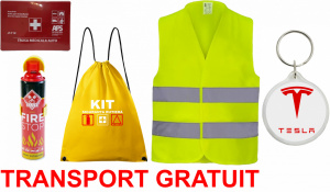 Set Kit siguranta auto cu saculet compact ce contine - Stingator spray 1kg, Trusa Medicala omolgata R.A.R, vesta reflectorizanta, Breloc cadou TESLA, compatibil cu orice autoturism accesorii pentru autoturismul tau - masina v68032