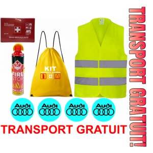 Set Kit siguranta auto cu saculet compact ce contine - Stingator spray 1kg, Trusa Medicala omolgata R.A.R, vesta reflectorizanta, stickere AUDI , compatibil cu orice autoturism