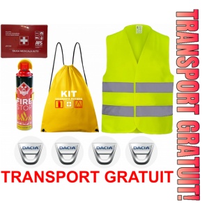 Set Kit siguranta auto cu saculet compact ce contine - Stingator spray 1kg, Trusa Medicala omolgata R.A.R, vesta reflectorizanta, stickere DACIA , compatibil cu orice autoturism