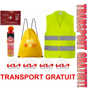Set Kit siguranta auto cu saculet compact ce contine - Stingator spray 1kg, Trusa Medicala omolgata R.A.R, vesta reflectorizanta, stickere KIA , compatibil cu orice autoturism