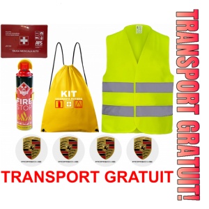 Set Kit siguranta auto cu saculet compact ce contine - Stingator spray 1kg, Trusa Medicala omolgata R.A.R, vesta reflectorizanta, stickere PORSCHE , compatibil cu orice autoturism