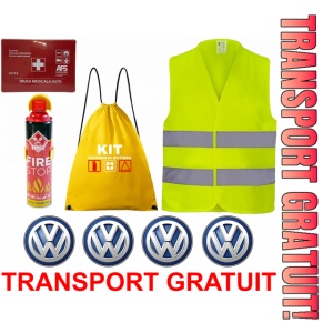Set Kit siguranta auto cu saculet compact ce contine - Stingator spray 1kg, Trusa Medicala omolgata R.A.R, vesta reflectorizanta, stickere cadou VOLKSWAGEN , compatibil cu orice autoturism