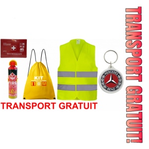 Set Kit siguranta auto cu saculet compact ce contine - Stingator spray 1kg, Trusa Medicala omolgata R.A.R, vesta reflectorizanta, Breloc cadou MERCEDES , compatibil cu orice autoturism