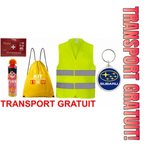 Set Kit siguranta auto cu saculet compact ce contine - Stingator spray 1kg, Trusa Medicala omolgata R.A.R, vesta reflectorizanta, Breloc cadou SUBARU , compatibil cu orice autoturism