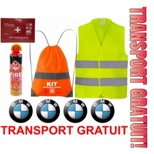 Set Kit siguranta auto cu saculet compact ce contine - Stingator spray 1kg, Trusa Medicala omolgata R.A.R, Vesta Reflectorizanta, Stickere Cadou BMW, compatibil cu orice autoturism