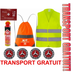 Set Kit siguranta auto cu saculet compact ce contine - Stingator spray 1kg, Trusa Medicala omolgata R.A.R, Vesta Reflectorizanta, Stickere Cadou MERCEDES, compatibil cu orice autoturism