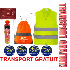 Set Kit siguranta auto cu saculet compact ce contine - Stingator spray 1kg, Trusa Medicala omolgata R.A.R, Vesta Reflectorizanta, Stickere Cadou SUBARU, compatibil cu orice autoturism
