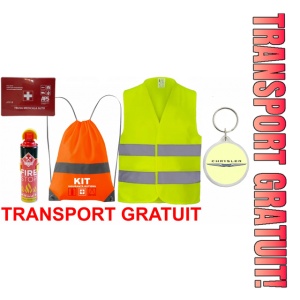 Set Kit siguranta auto cu saculet compact ce contine - Stingator spray 1kg, Trusa Medicala omolgata R.A.R, Vesta Reflectorizanta, Breloc Cadou Chrysler, compatibil cu orice autoturism.