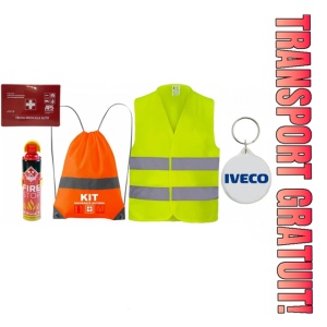 Set Kit siguranta auto cu saculet compact ce contine - Stingator spray 1kg, Trusa Medicala omolgata R.A.R, Vesta Reflectorizanta, Breloc Cadou IVECO, compatibil cu orice autoturism.
