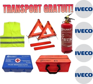 Set Kit siguranta auto omologat R.A.R, Stingator cu manometru 1kg P1 , Trusa Medicala, 2 Triunghiuri Reflectorizante, geanta color - albastra + Stickere Cadou IVECO- kit compatibil cu orice autoturism