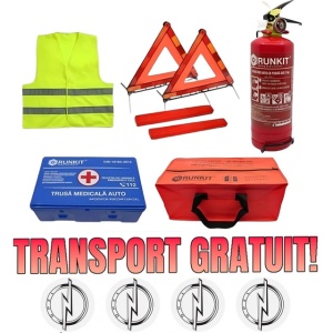 Set Kit siguranta auto omologat R.A.R, Stingator cu manometru 1kg P1 , Trusa Medicala, 2 Triunghiuri Reflectorizante, geanta color - albastra + Stickere Cadou OPEL- kit compatibil cu orice autoturism