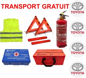 Set Kit siguranta auto omologat R.A.R, Stingator cu manometru 1kg P1 , Trusa Medicala, 2 Triunghiuri Reflectorizante, geanta color - albastra + Stickere Cadou Toyota- kit compatibil cu orice autoturism