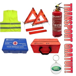 Set Kit siguranta auto omologat R.A.R, Stingator cu manometru 1kg P1 , Trusa Medicala, 2 Triunghiuri Reflectorizante, geanta color - albastra + Breloc Cadou LAND ROVER- kit compatibil cu orice autoturism