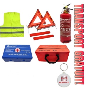 Set Kit siguranta auto omologat R.A.R, Stingator cu manometru 1kg P1 , Trusa Medicala, 2 Triunghiuri Reflectorizante, geanta color - albastra + Breloc Cadou Seat- kit compatibil cu orice autoturism