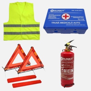 Set Kit siguranta auto omologat R.A.R, Stingator cu manometru 1kg P1 , Trusa Medicala, 2 Triunghiuri Reflectorizante, geanta color - albastra + Stickere Cadou BMW - kit compatibil cu orice autoturism - Img 3