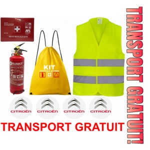 Set Kit siguranta auto OMOLOGAT RAR cu saculet compact ce contine - Stingator cu manometru P1 1kg, Trusa Medicala , Vesta Reflectorizanta, Stickere Cadou CITROEN . Compatibil cu orice autoturism.