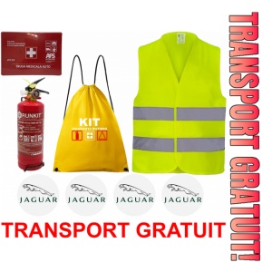 Set Kit siguranta auto OMOLOGAT RAR cu saculet compact ce contine - Stingator cu manometru P1 1kg, Trusa Medicala , Vesta Reflectorizanta, Stickere Cadou JAGUAR. Compatibil cu orice autoturism.