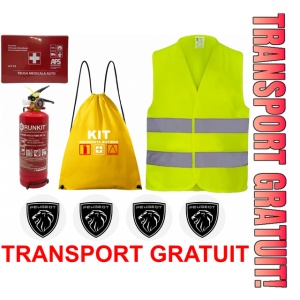 Set Kit siguranta auto OMOLOGAT RAR cu saculet compact ce contine - Stingator cu manometru P1 1kg, Trusa Medicala , Vesta Reflectorizanta, Stickere Cadou PEUGEOT. Compatibil cu orice autoturism.