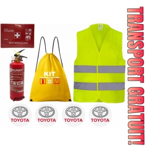 Set Kit siguranta auto OMOLOGAT RAR cu saculet compact ce contine - Stingator cu manometru P1 1kg, Trusa Medicala , Vesta Reflectorizanta, Stickere Cadou TOYOTA. Compatibil cu orice autoturism.