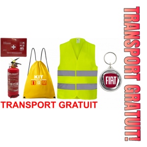 Set Kit siguranta auto OMOLOGAT RAR cu saculet compact ce contine - Stingator cu manometru P1 1kg, Trusa Medicala , Vesta Reflectorizanta, Breloc Cadou FIAT. Compatibil cu orice autoturism.