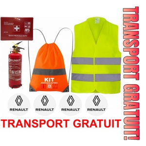 Set Kit siguranta auto OMOLOGAT RAR cu saculet compact ce contine - Stingator cu manometru P1 1kg, Trusa Medicala , Vesta Reflectorizanta, Stickere Cadou Renault. Compatibilitate cu orice autoturism