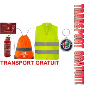 Set Kit siguranta auto OMOLOGAT RAR cu saculet compact ce contine - Stingator cu manometru P1 1kg, Trusa Medicala , Vesta Reflectorizanta, Breloc Cadou Alfa Romeo . Compatibilitate cu orice autoturism
