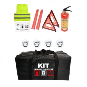 Set Kit - Trusa siguranta auto omologat R.A.R, Stingator cu manometru 1kg P1 , Trusa Medicala, 2 Triunghiuri Reflectorizante , 4 stickere autoadezive Dacia - Img 2