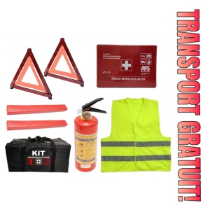 Set Kit - Trusa siguranta auto omologat R.A.R, Stingator cu manometru 1kg P1 , Trusa Medicala rosie, 2 Triunghiuri Reflectorizante - kit compatibil cu orice autoturism