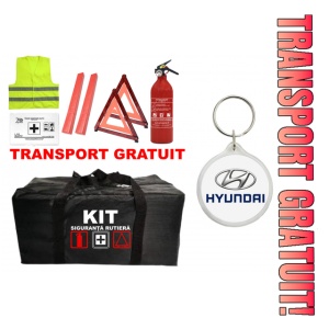 Set Kit - Trusa siguranta auto omologat R.A.R, Stingator cu manometru 1kg P1 , Trusa Medicala, 2 Triunghiuri Reflectorizante , 1 Breloc HYUNDAI