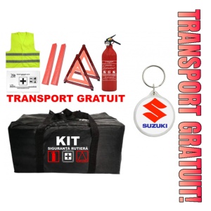 Set Kit - Trusa siguranta auto omologat R.A.R, Stingator cu manometru 1kg P1 , Trusa Medicala, 2 Triunghiuri Reflectorizante , 1 Breloc SUZUKI