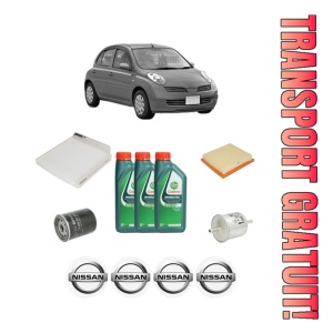 Set Pachet filtre revizie Bosch, 3 litrii ulei Castrol 10W40 NISSAN MICRA III (K12) 1.0 16V (K12) din 2003-2010, 4x Stickere auto cu NISSAN