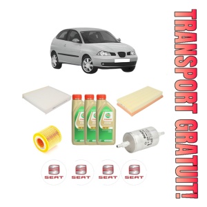 Set Pachet filtre revizie Bosch, 3 litrii ulei Castrol 5W30 SEAT IBIZA III (6L1) 1.2 12V din 2006-2009, 4x Stickere auto cu SEAT