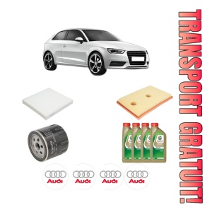 Set Pachet filtre revizie Bosch, 4 litrii ulei Castrol 0W20 AUDI A3 (8V1, 8VK) 1.4 TFSI din 2012-2014, 4x Stickere auto cu AUDI