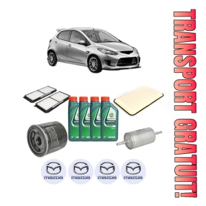 Set Pachet filtre revizie Bosch, 4 litrii ulei Castrol 10W40 MAZDA 2 (DE_, DH_) 1.3 (DE3FS) din 2007-2015, 4x Stickere auto cu MAZDA