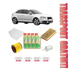Set Pachet filtre revizie Bosch, 4 litrii ulei Castrol 5W30 AUDI A3 (8P1) 1.6 FSI din 2003-2007, 4x Stickere auto cu AUDI