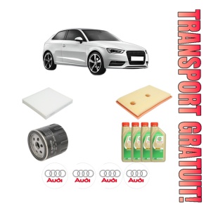 Set Pachet filtre revizie Bosch, 4 litrii ulei Castrol 5W30 AUDI A3 (8V1, 8VK) 1.4 TSI din 2014-2017, 4x Stickere auto cu AUDI