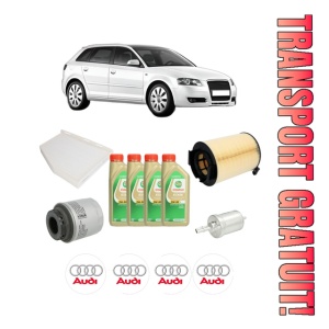 Set Pachet filtre revizie Bosch, 4 litrii ulei Castrol 5W30 AUDI A3 Sportback (8PA) 1.2 TSI din 2010-2013, 4x Stickere auto cu AUDI