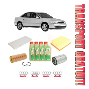 Set Pachet filtre revizie Bosch, 4 litrii ulei Castrol 5W30 AUDI A4 B5 (8D2) 1.9 TDI quattro din 2000, 4x Stickere auto cu AUDI