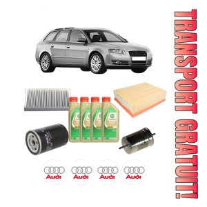 Set Pachet filtre revizie Bosch, 4 litrii ulei Castrol 5W30 AUDI A4 B7 Avant (8ED) 1.6 din 2004-2008, 4x Stickere auto cu AUDI