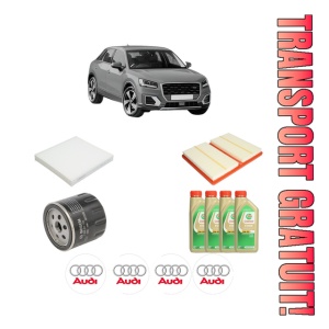 Set Pachet filtre revizie Bosch, 4 litrii ulei Castrol 5W30 AUDI Q2 (GAB, GAG) 1.0 TFSI din 2016-2020, 4x Stickere auto cu AUDI