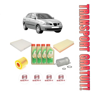 Set Pachet filtre revizie Bosch, 4 litrii ulei Castrol 5W30 SEAT CORDOBA (6L2) 1.2 din 2002-2006, 4x Stickere auto cu SEAT