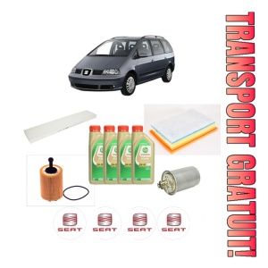 Set Pachet filtre revizie Bosch, 4 litrii ulei Castrol 5W30 SEAT ALHAMBRA (7V8, 7V9) 2.0 TDI din 2005-2010, 4x Stickere auto cu SEAT