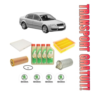 Set Pachet filtre revizie Bosch, 4 litrii ulei Castrol 5W30 SKODA SUPERB I (3U4) 1.9 TDI din 2002-2005, 4x Stickere auto cu SKODA