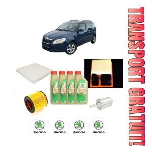 Set Pachet filtre revizie Bosch, 4 litrii ulei Castrol 5W30 SKODA ROOMSTER (5J7) 1.6 din 2006-2015, 4x Stickere auto cu SKODA
